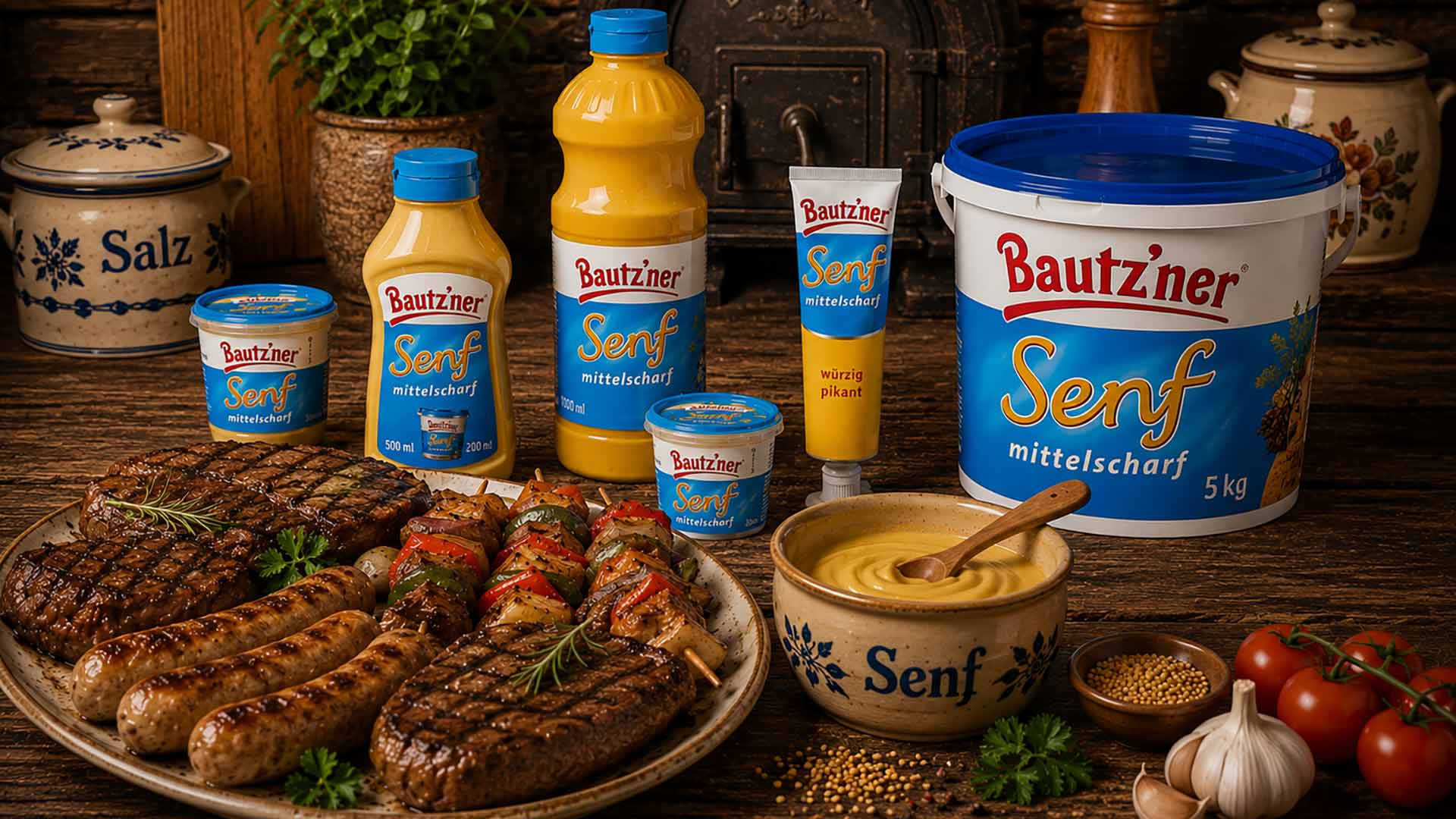 Bautz'ner Senf mit Jagdwurst und frischem Brot auf einem Küchentisch