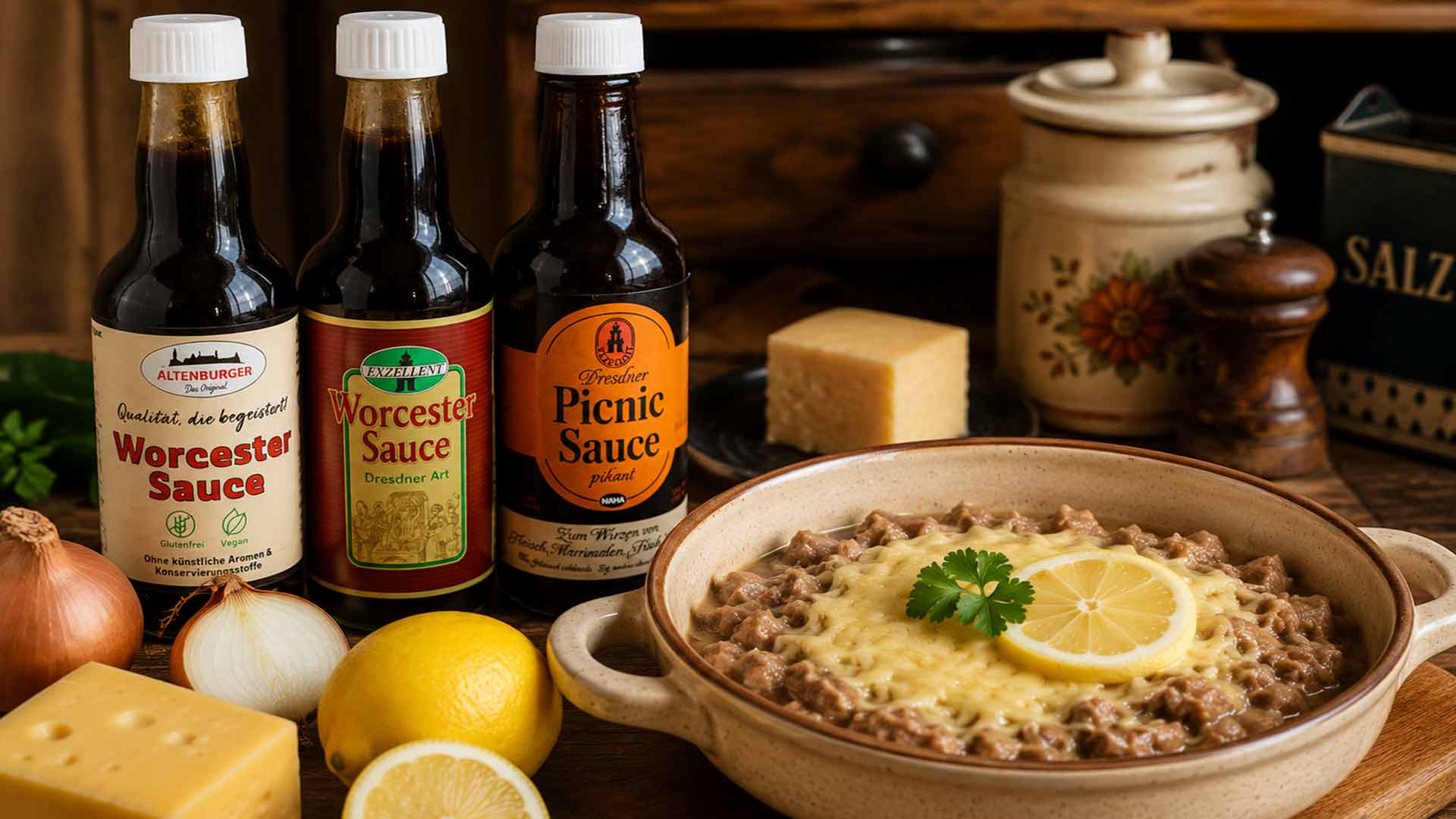 Original Worcestersoße neben Zutaten für DDR-Würzfleisch und Soljanka
